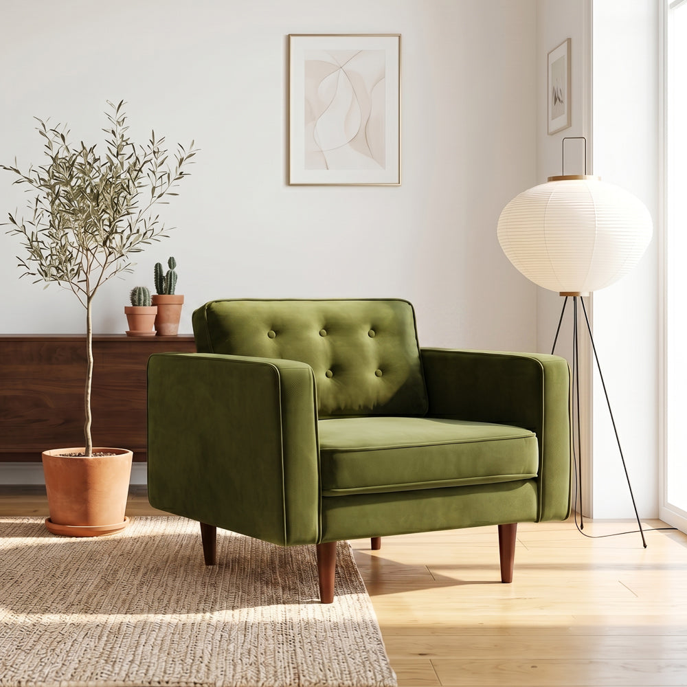 Casey Mid-Century Modern Pillow Back Velvet Upholstered Armchair in Olive Green by Ashcroft Furniture at Eve Furniture