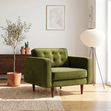 Casey Mid-Century Modern Pillow Back Velvet Upholstered Armchair in Olive Green by Ashcroft Furniture at Eve Furniture