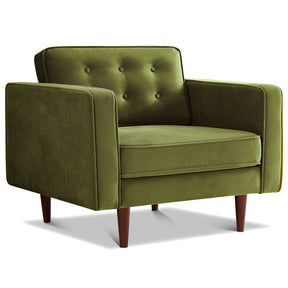 Casey Mid-Century Modern Pillow Back Velvet Upholstered Armchair in Olive Green by Ashcroft Furniture at Eve Furniture