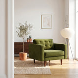 Casey Mid-Century Modern Pillow Back Velvet Upholstered Armchair in Olive Green by Ashcroft Furniture at Eve Furniture