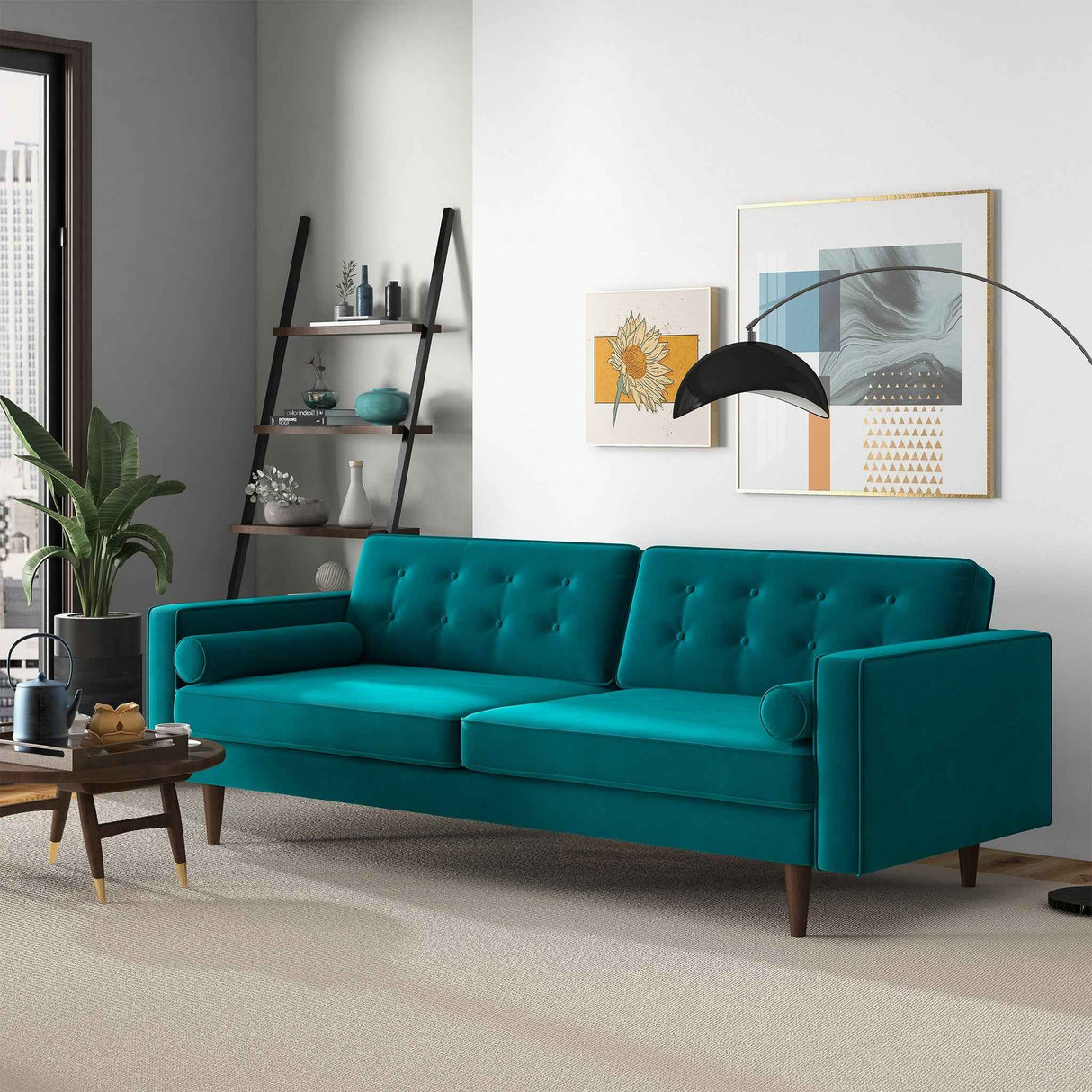 Casey Tufted Back Teal Velvet Upholstered Sofa