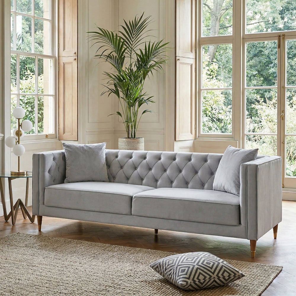 Chalky Living Room Tufted Velvet Upholstered Couch in Light Gray