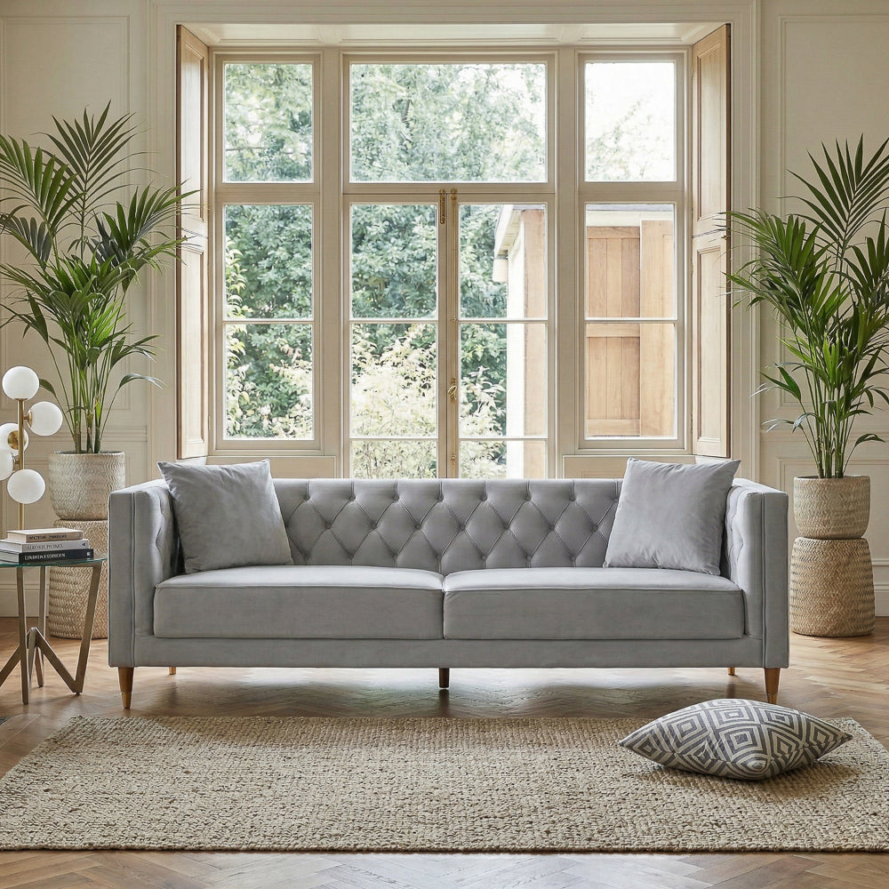 Chalky Living Room Tufted Velvet Upholstered Couch in Light Gray