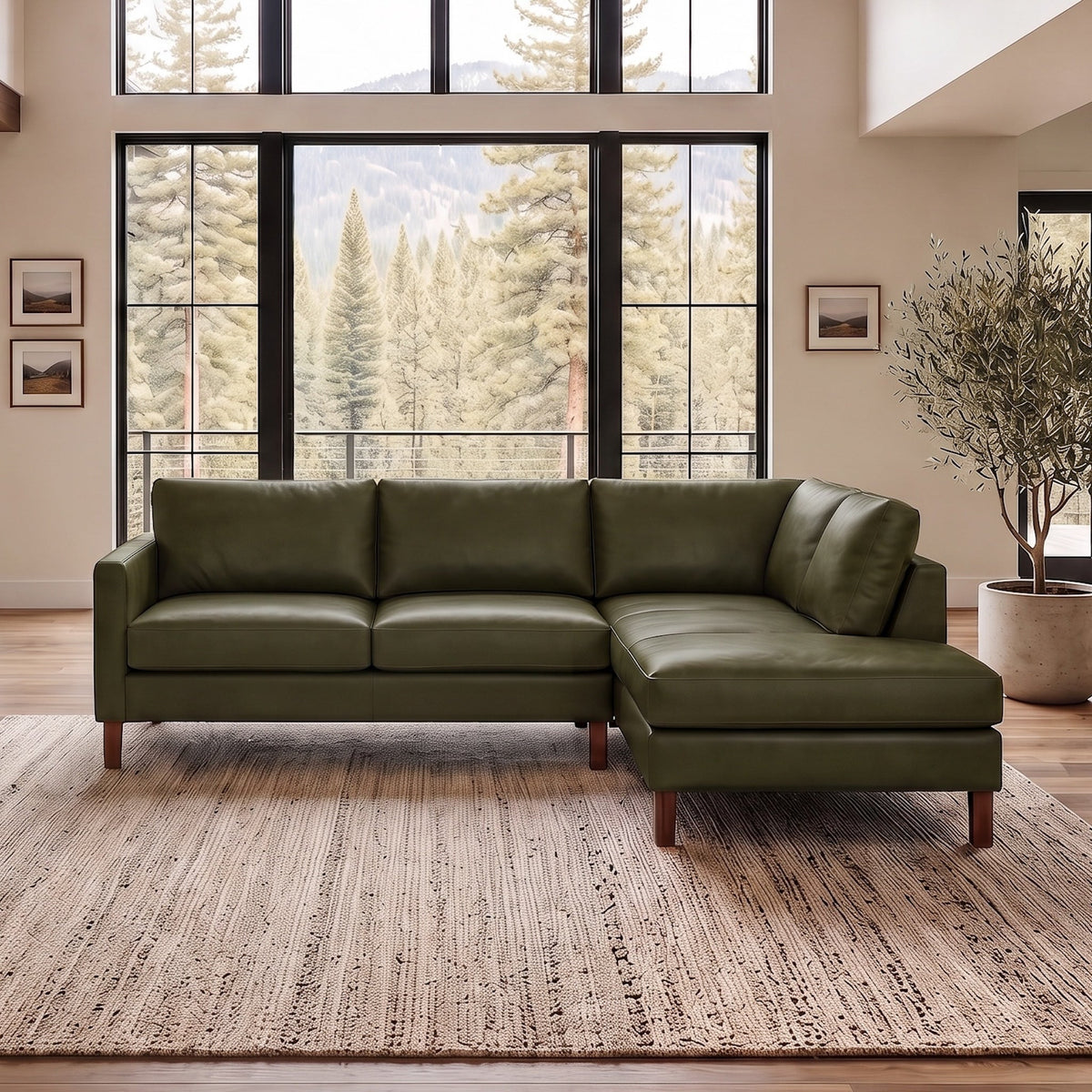 Juno Green Leather Right-Facing Sectional Sofa