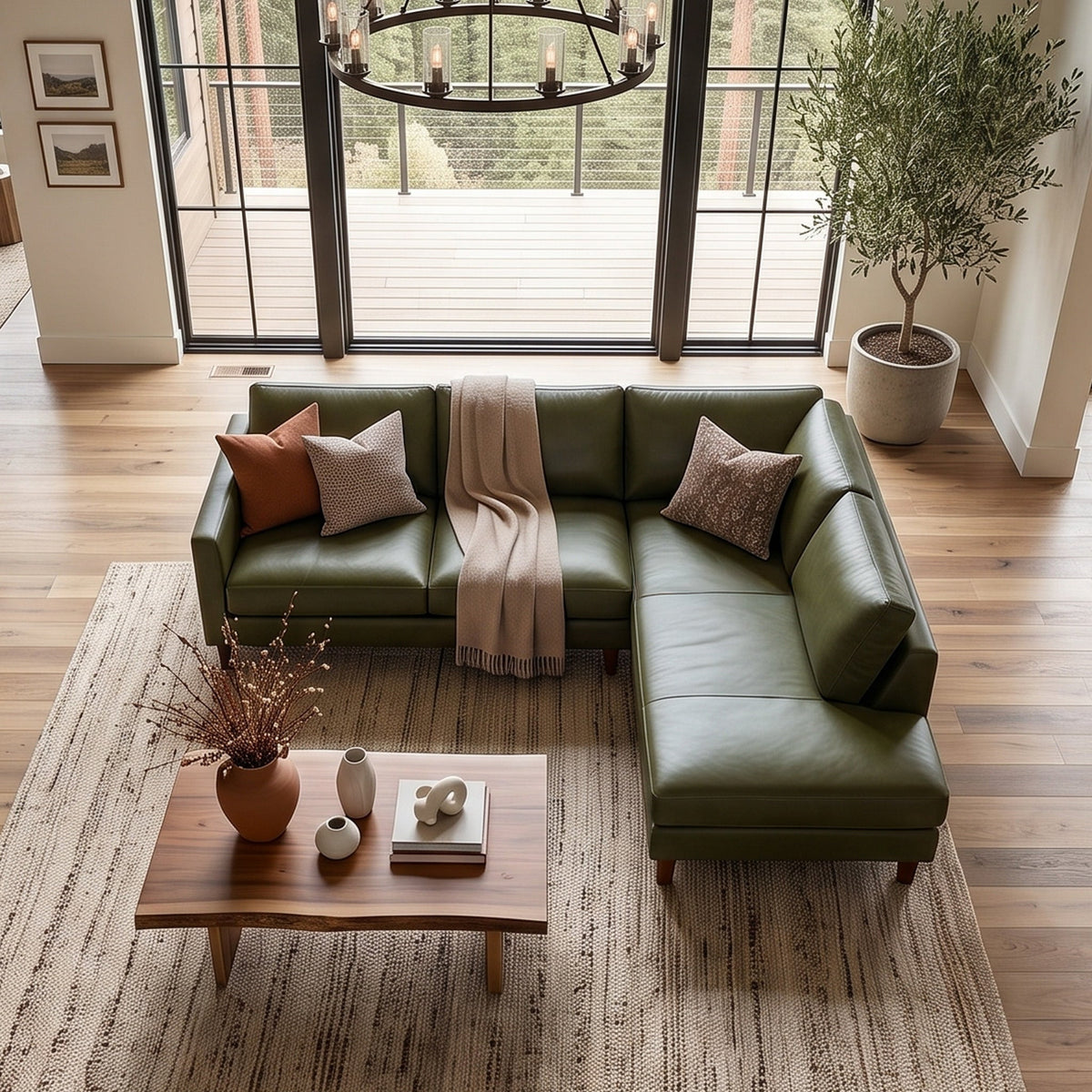 Juno Green Leather Right-Facing Sectional Sofa