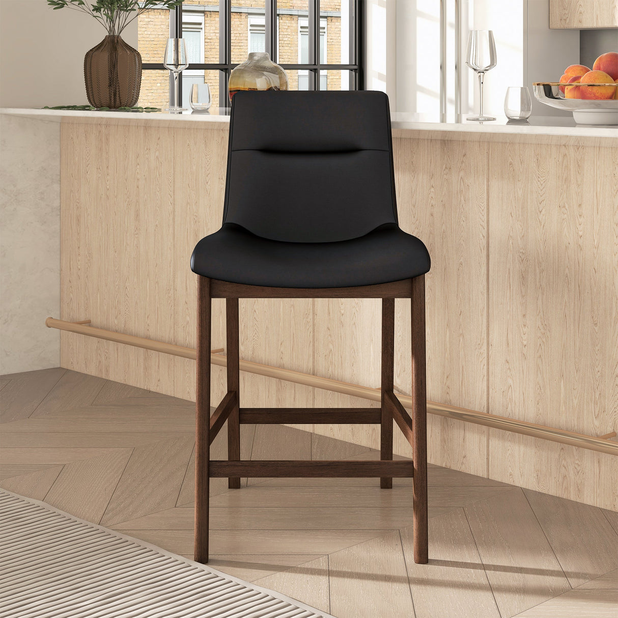 Langlade Leather Upholstered Counter Stool in Black (Set of 2)