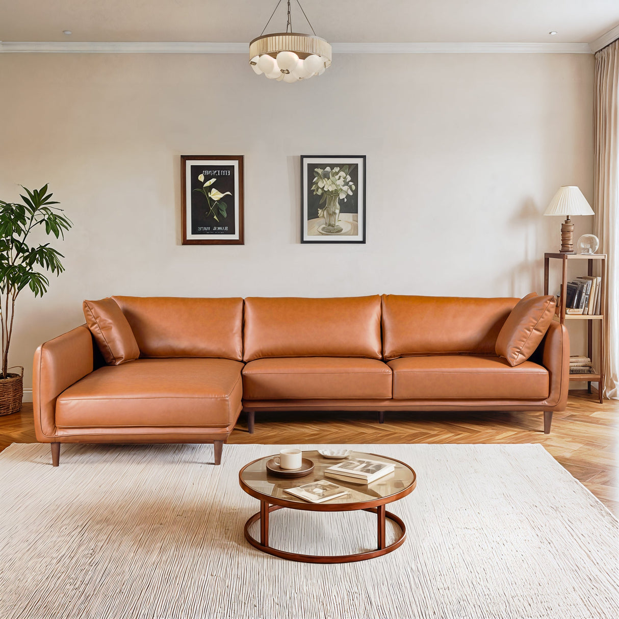 Monroe Cognac Vegan Leather Left-Facing Sectional Sofa