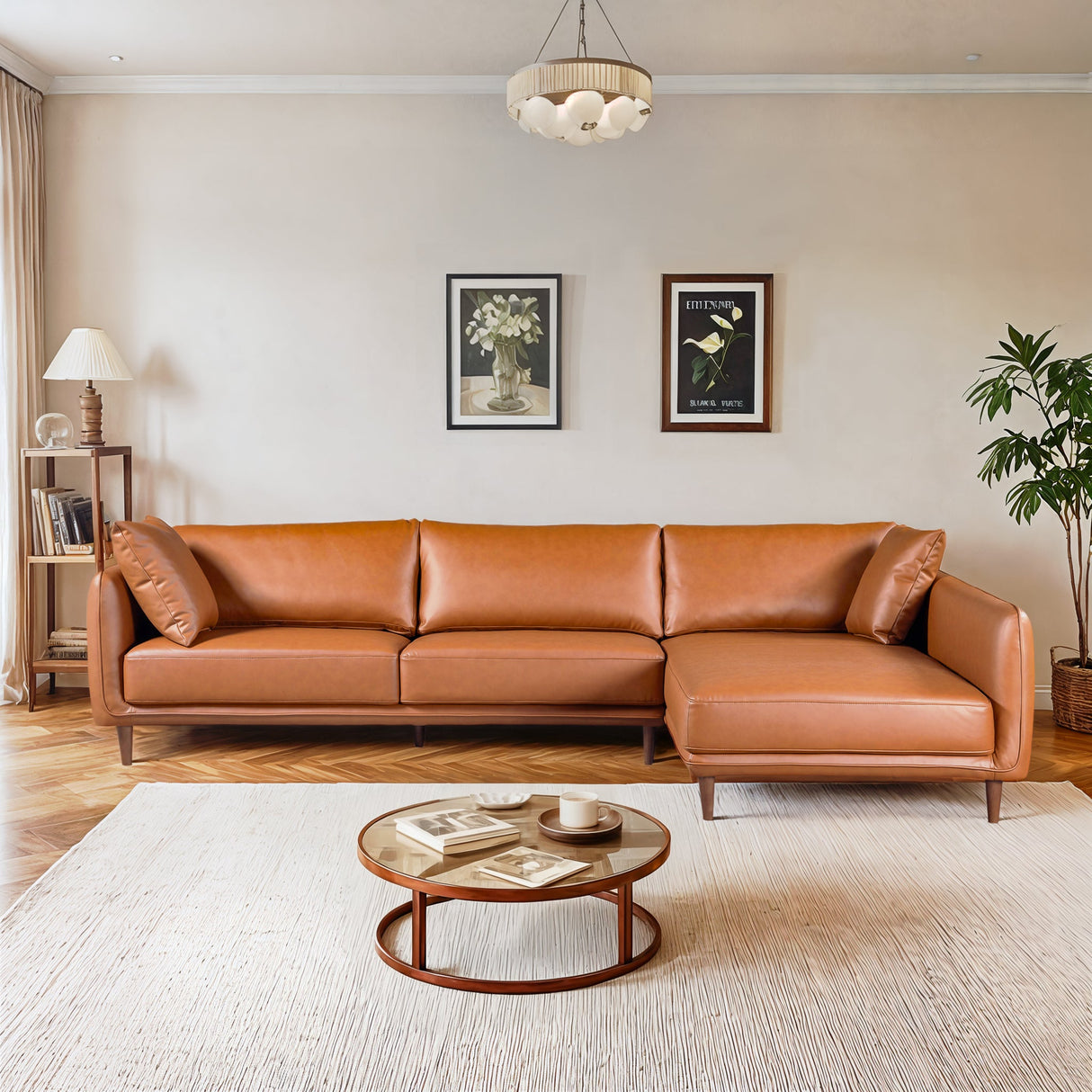 Monroe Cognac Vegan Leather Right-Facing Sectional Sofa