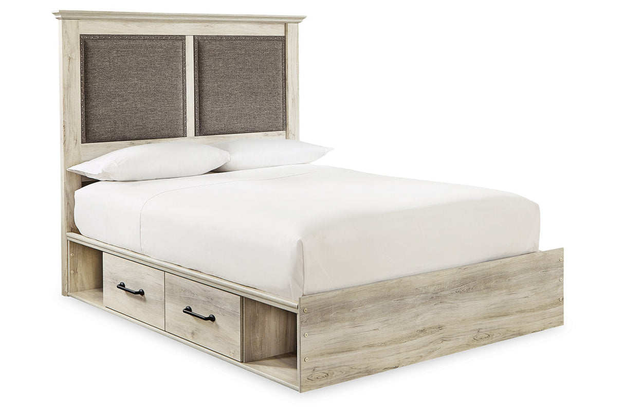 Cambeck Whitewash Queen Upholstered Platform Bed with 2 Side Under Bed Storage