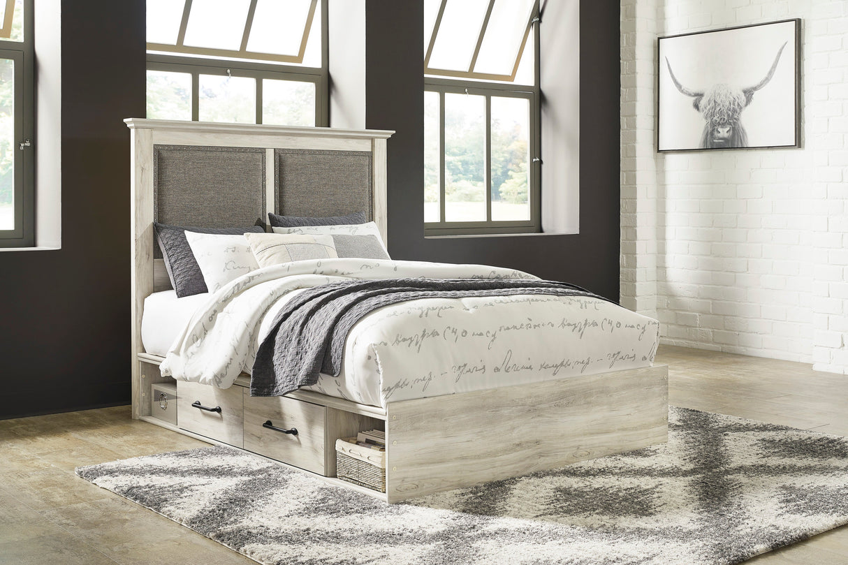 Cambeck Whitewash King Upholstered Platform Bed with 2 Side Under Bed Storage