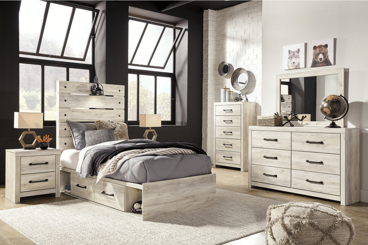 Cambeck Whitewash Twin Panel Bed with 2 Storage Drawers