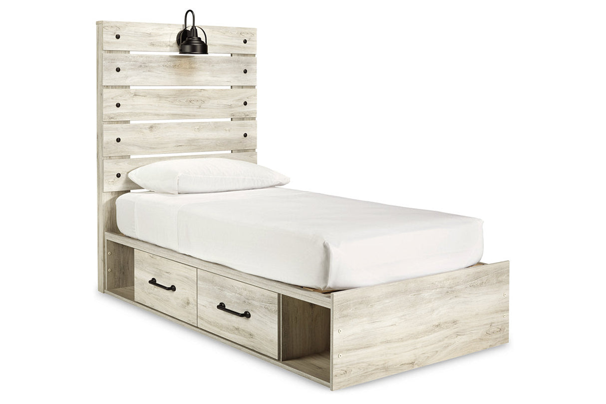 Cambeck Whitewash Twin Panel Bed with 4 Storage Drawers