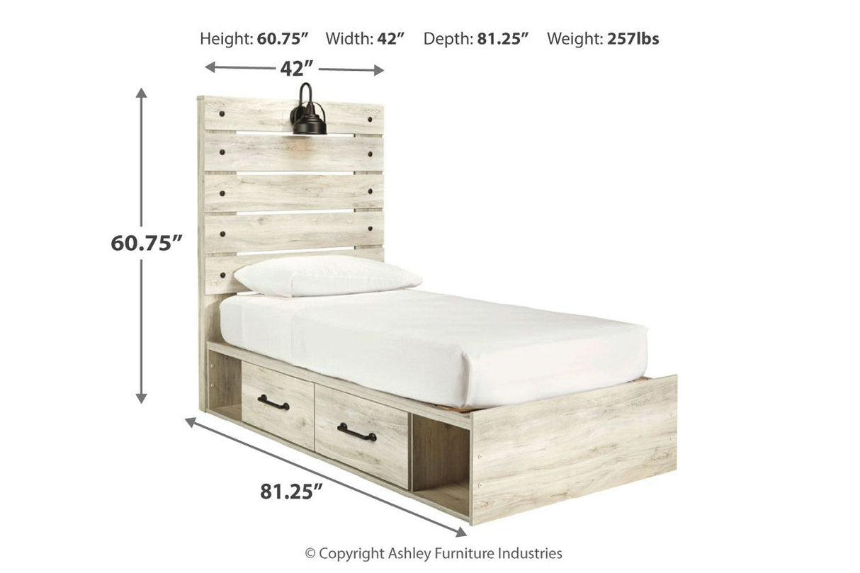 Cambeck Whitewash Twin Panel Bed with 4 Storage Drawers