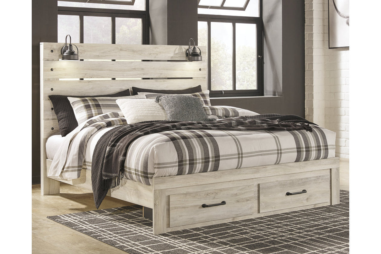 Cambeck Whitewash King Panel Bed with 2 Storage Drawers