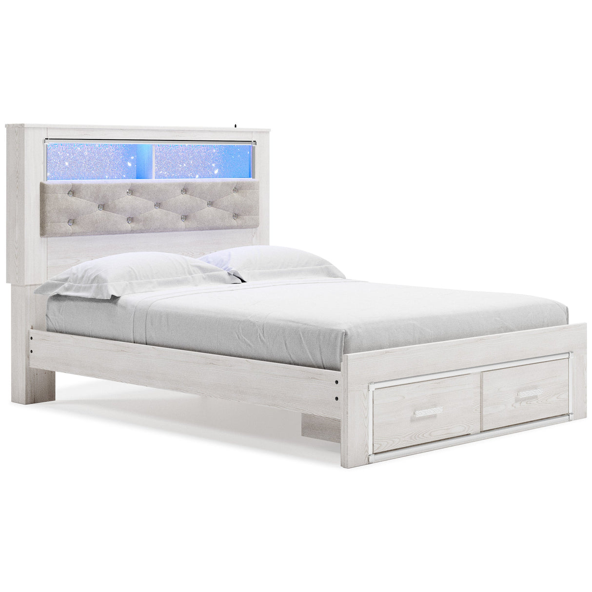 Altyra White LED Bookcase Upholstered Footboard Storage Platform Bedroom Set