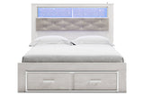 Altyra White Queen Upholstered Platform Bookcase Bed with Storage