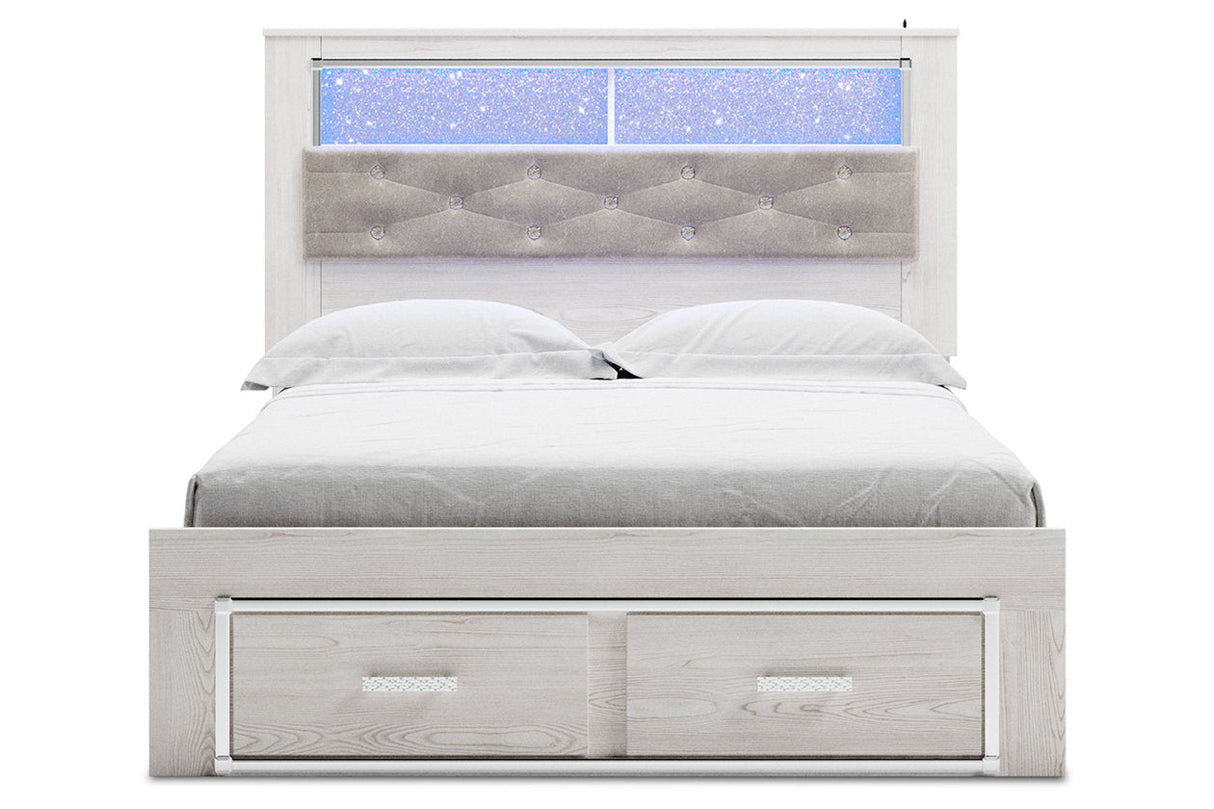 Altyra White Queen Upholstered Panel Bookcase Bed with Storage