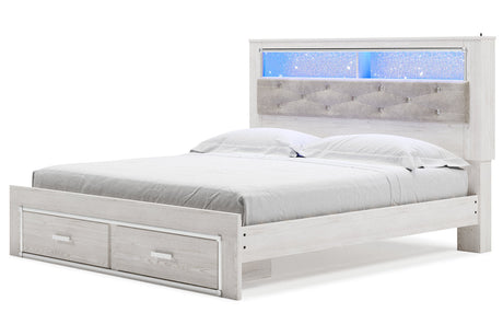 Altyra White King Upholstered Platform Bookcase Bed with Storage