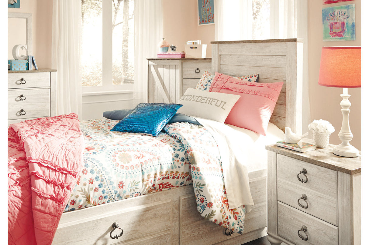 Willowton Whitewash Twin Panel Bed with 2 Storage Drawers