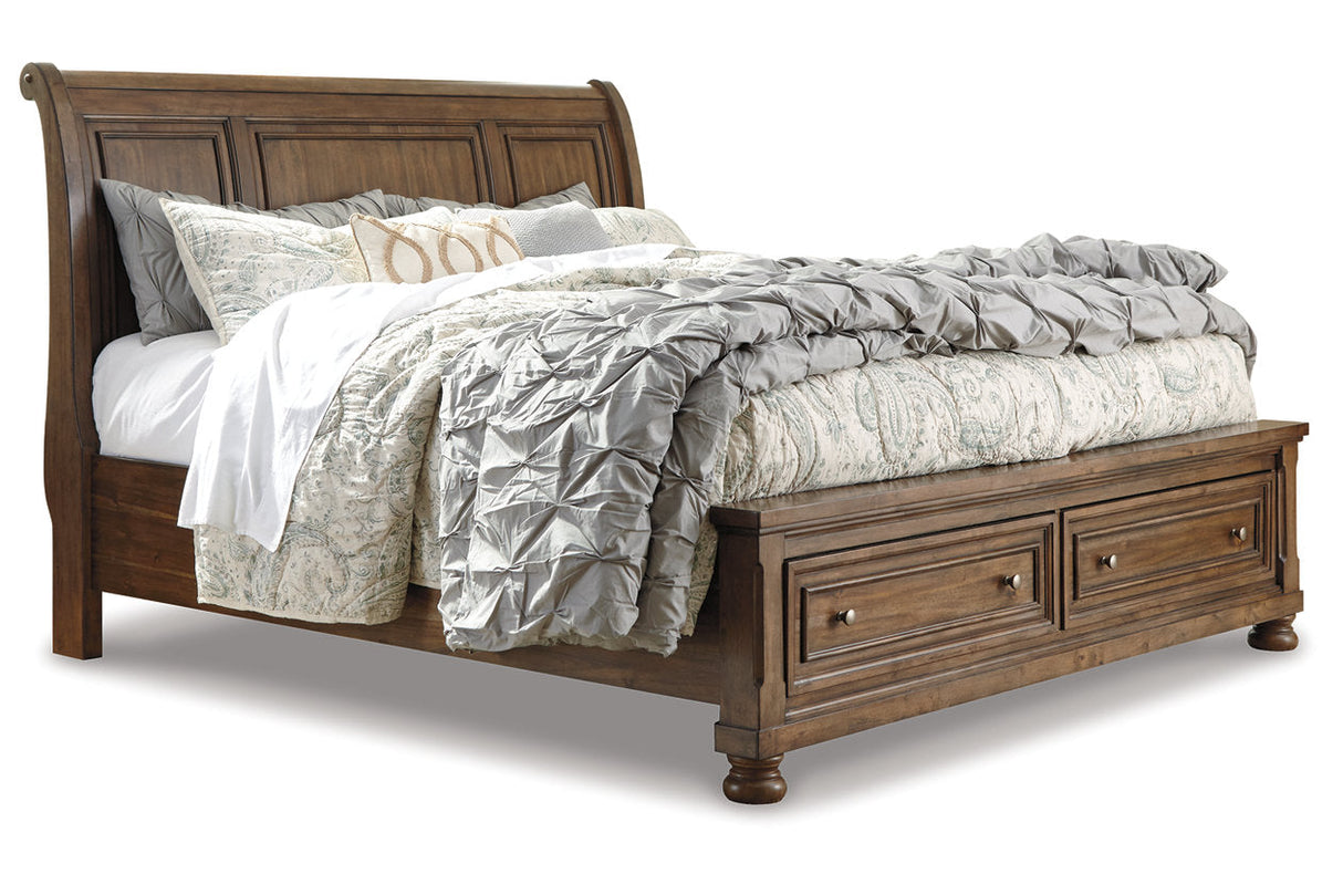 Flynnter Medium Brown King Sleigh Bed with 2 Storage Drawers