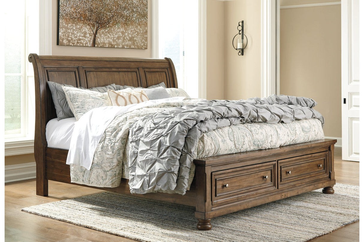 Flynnter Medium Brown California King Sleigh Bed with 2 Storage Drawers