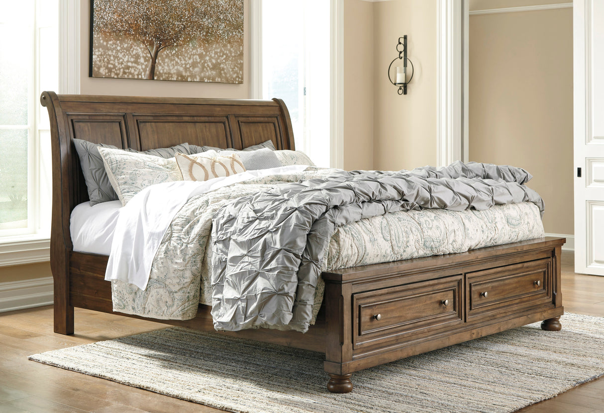 Flynnter Medium Brown Footboard Storage Sleigh Platform Bedroom Set