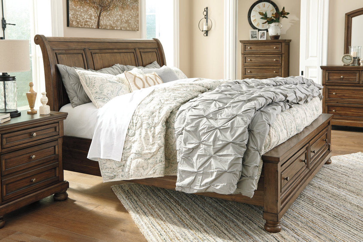 Flynnter Medium Brown King Sleigh Bed with 2 Storage Drawers