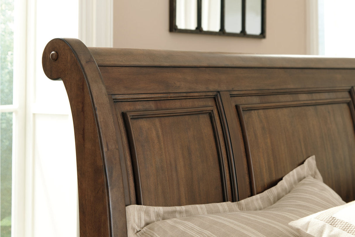 Flynnter Medium Brown Queen Sleigh Bed with 2 Storage Drawers