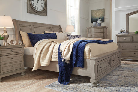 Lettner Light Gray King Sleigh Bed with 2 Storage Drawers