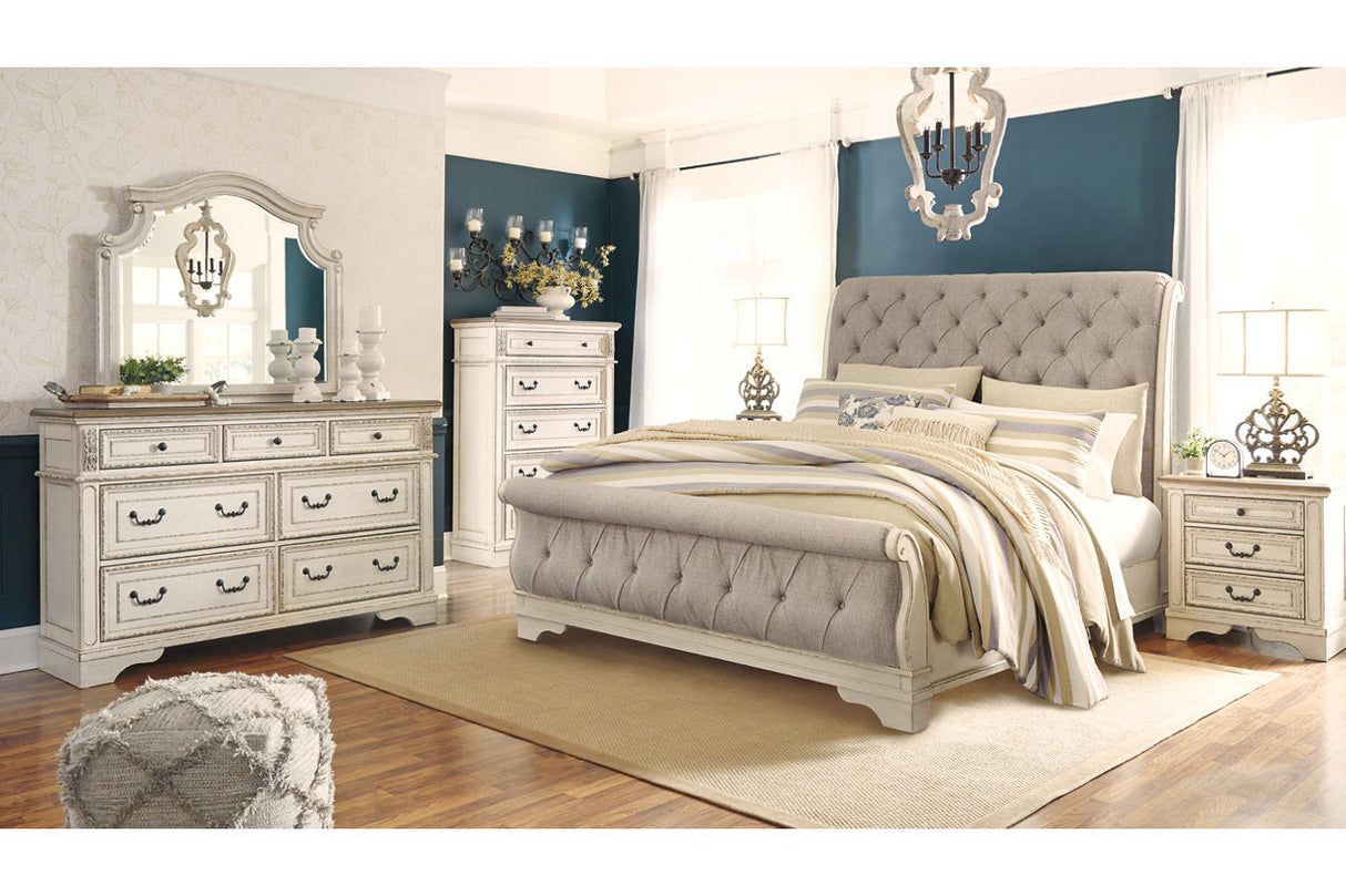 Realyn Chipped White King Sleigh Bed