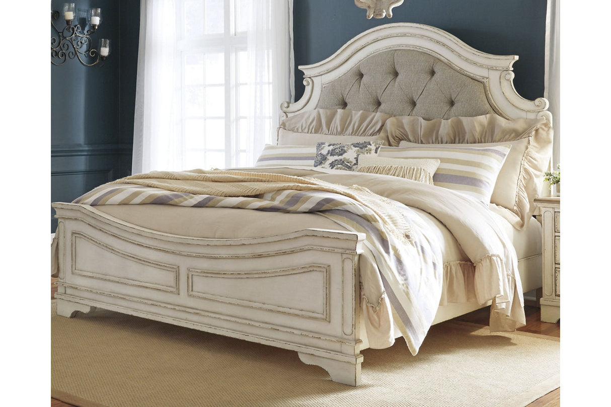 Realyn Chipped White King Upholstered Panel Bed