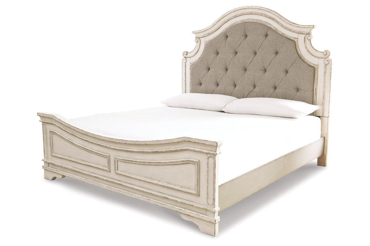 Realyn Chipped White King Upholstered Panel Bed