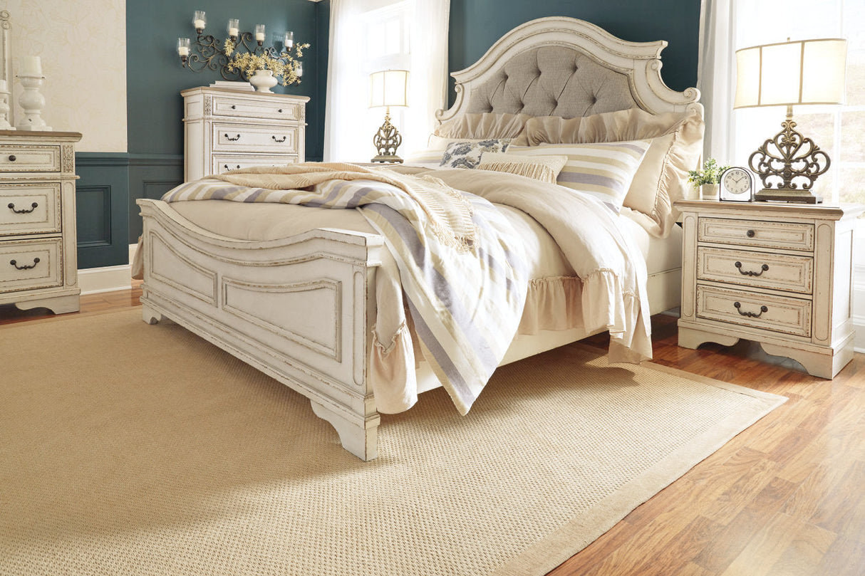 Realyn Chipped White California King Upholstered Panel Bed