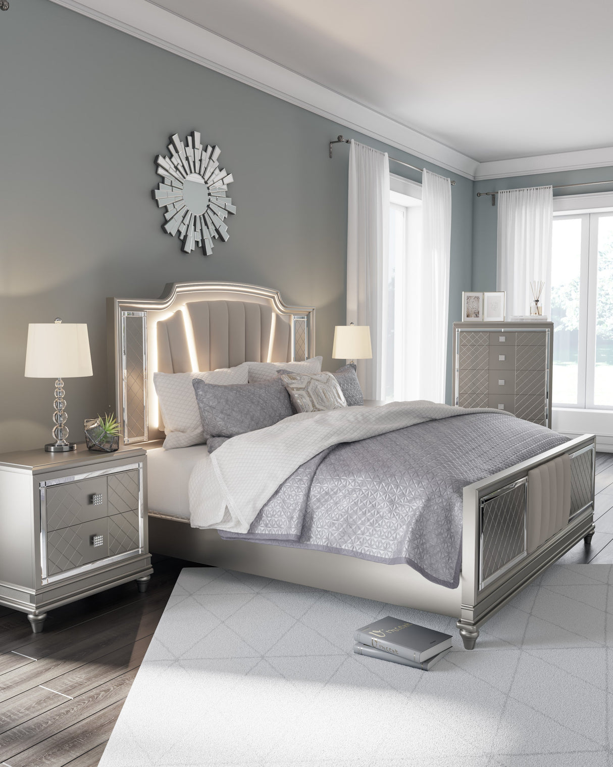 Chevanna Platinum LED Upholstered Panel Bedroom Set