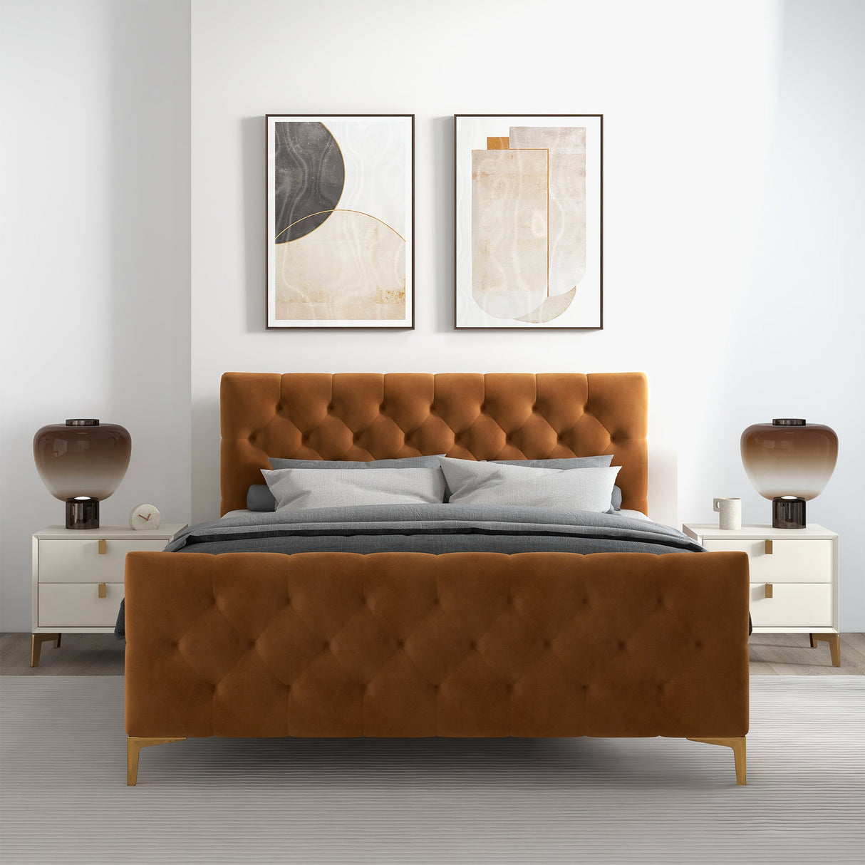 Bailey Cognac Velvet Queen Bed by Ashcroft Imports at Eve Furniture