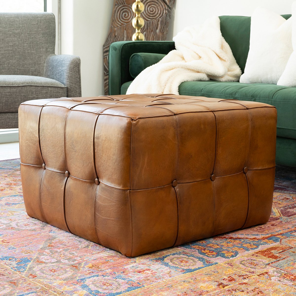 Benjiro Square Tan Leather Ottoman by Ashcroft Imports at Eve Furniture