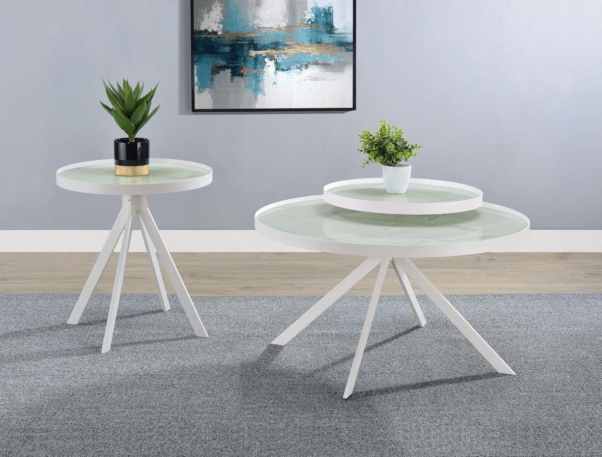 Briggs White Round Marble Printed Glass Top End Side Table by Coaster at Eve Furniture