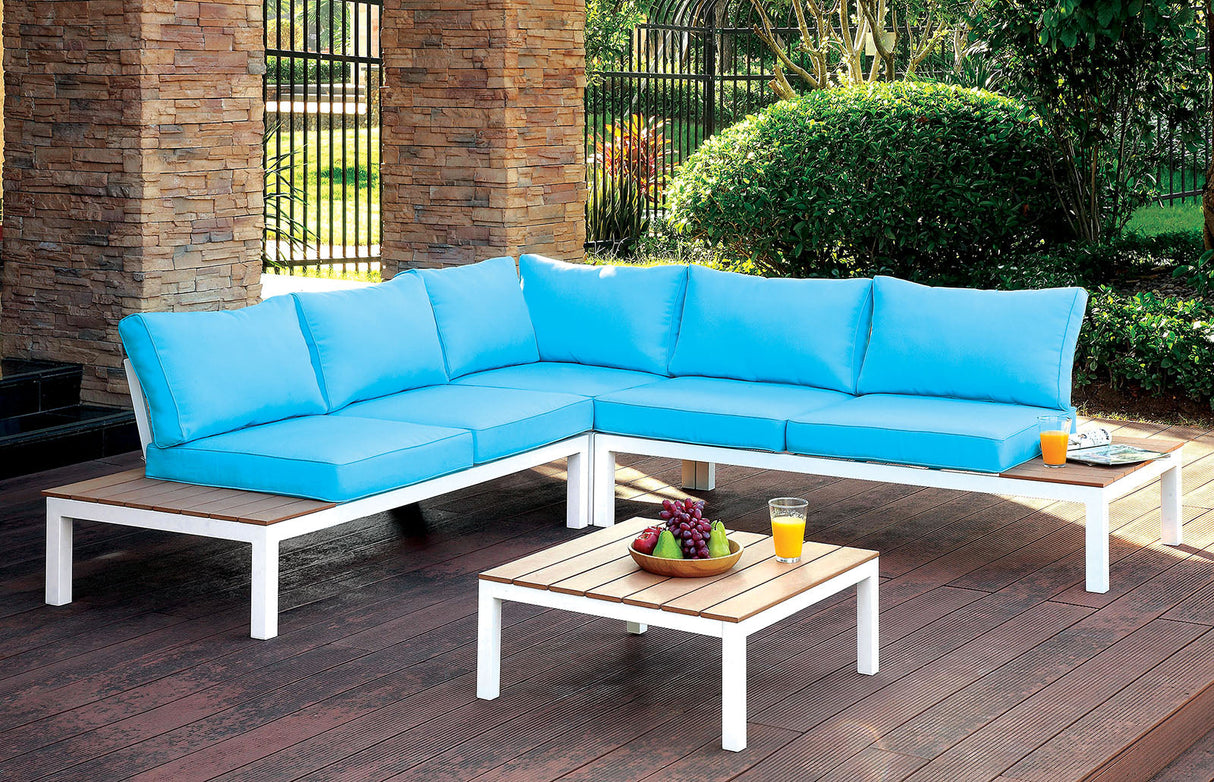 Winona White/Oak/Blue Patio Sectional w/ Ottoman