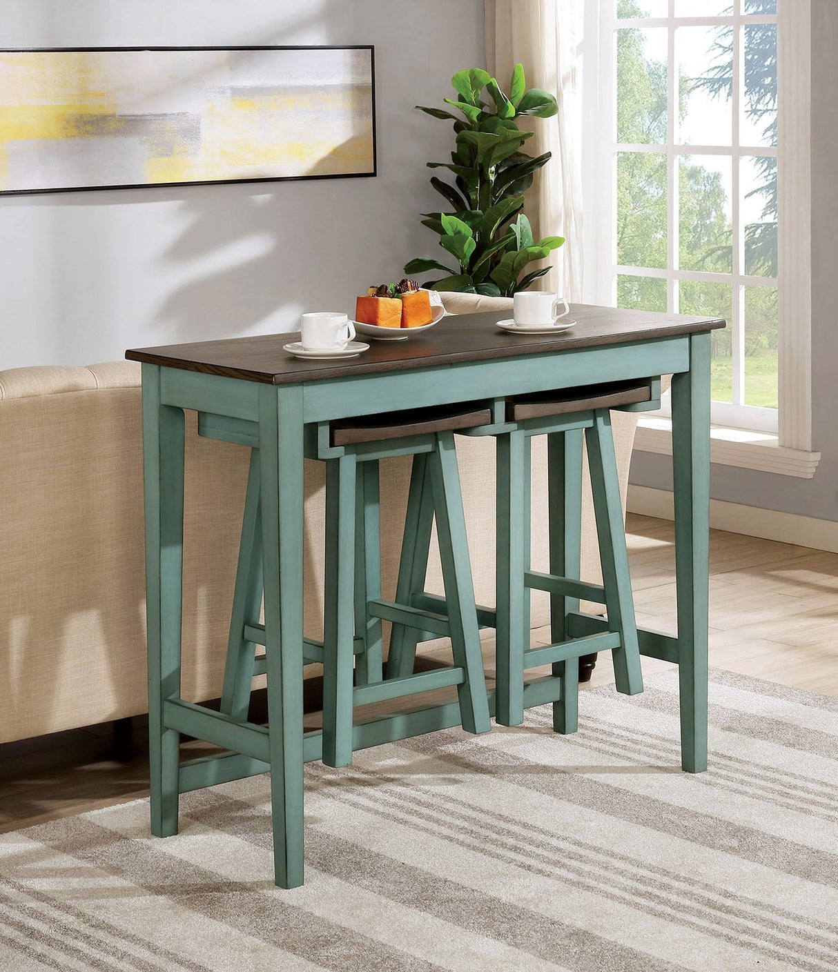 Elinor Antique Teal/Gray Bar Table Set