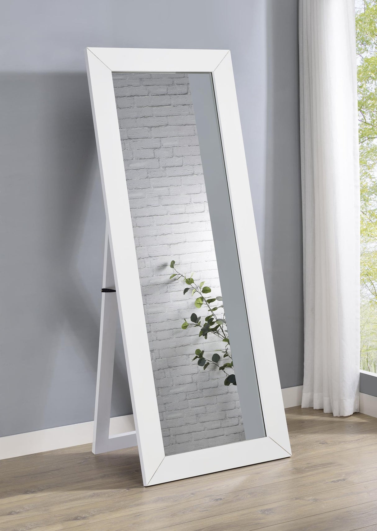 Cadence White Tempered Glass High Gloss Full Length Standing Mirror by Coaster at Eve Furniture