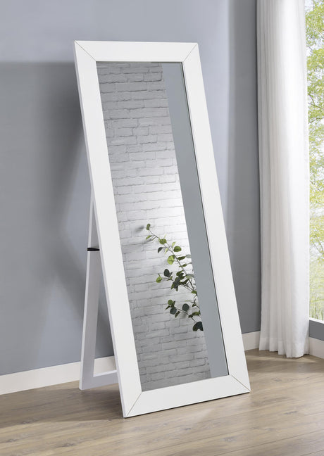 Cadence White Tempered Glass High Gloss Full Length Standing Mirror by Coaster at Eve Furniture