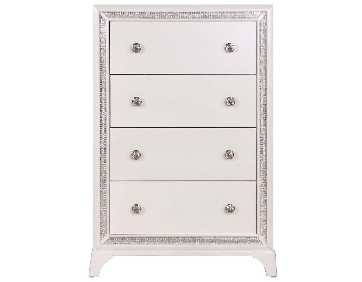Cassie Illuminating 5-Drawer Chest, Shimmering Pearl Finish by Steve Silver at Eve Furniture