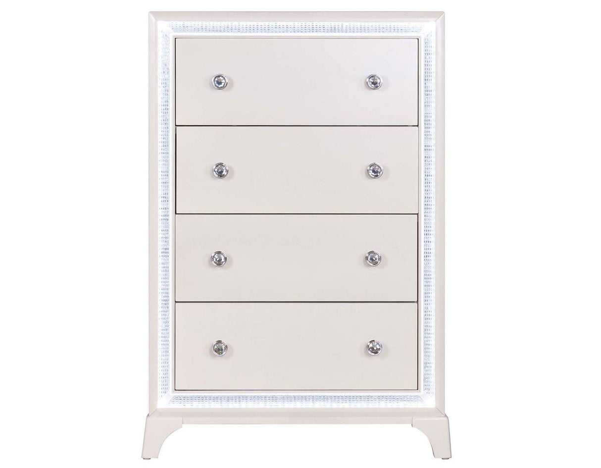 Cassie Illuminating 5-Drawer Chest, Shimmering Pearl Finish by Steve Silver at Eve Furniture