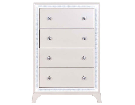 Cassie Illuminating 5-Drawer Chest, Shimmering Pearl Finish by Steve Silver at Eve Furniture