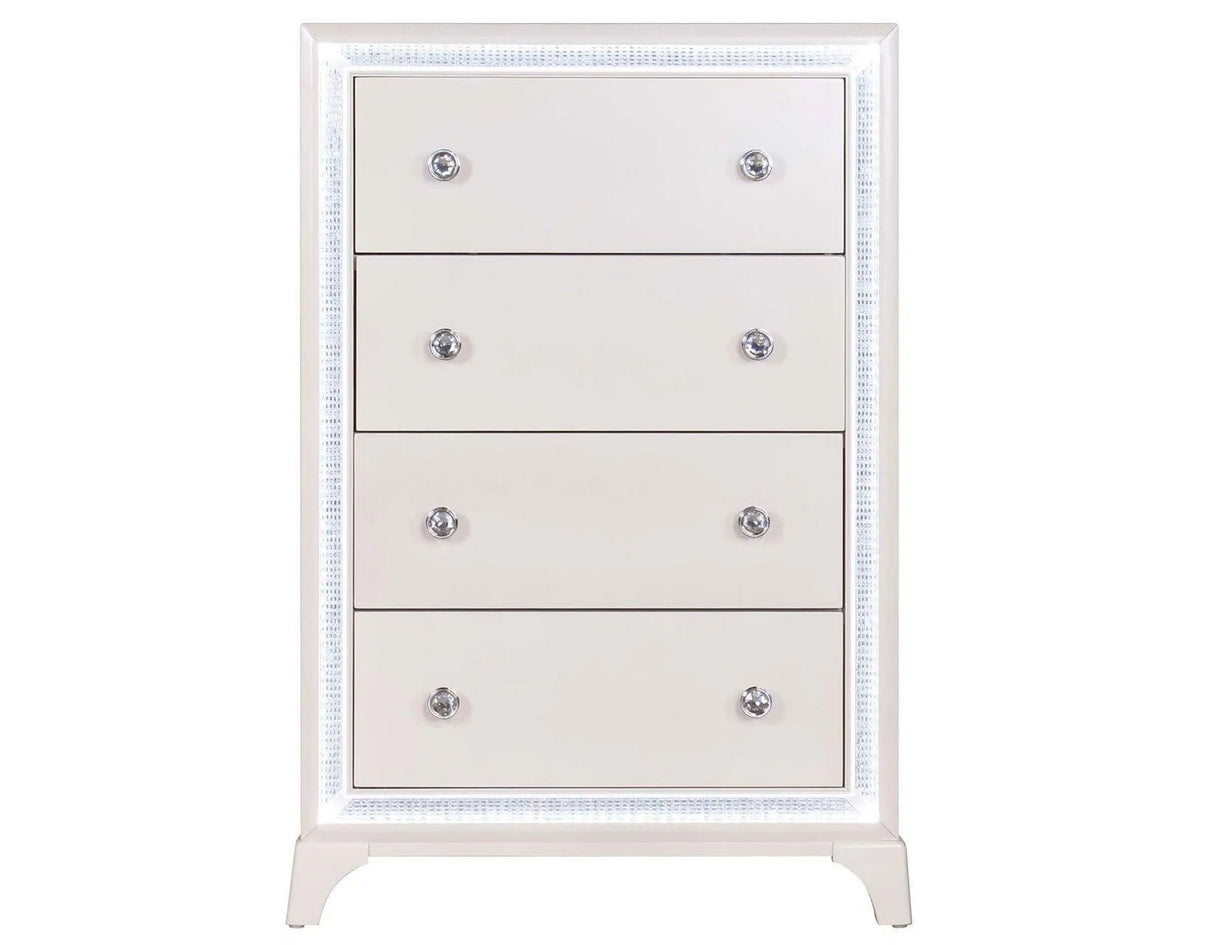 Cassie Illuminating 5-Drawer Chest, Shimmering Pearl Finish by Steve Silver at Eve Furniture