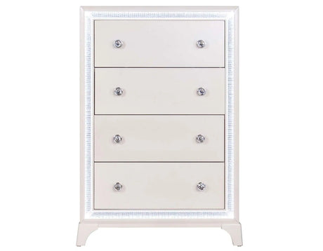 Cassie Illuminating 5-Drawer Chest, Shimmering Pearl Finish by Steve Silver at Eve Furniture