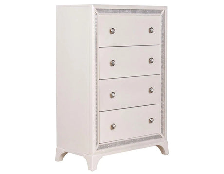 Cassie Illuminating 5-Drawer Chest, Shimmering Pearl Finish by Steve Silver at Eve Furniture