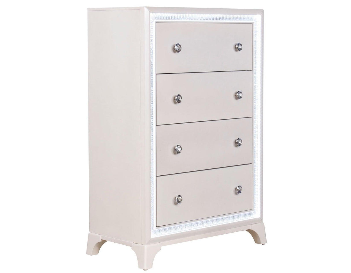 Cassie Illuminating 5-Drawer Chest, Shimmering Pearl Finish by Steve Silver at Eve Furniture