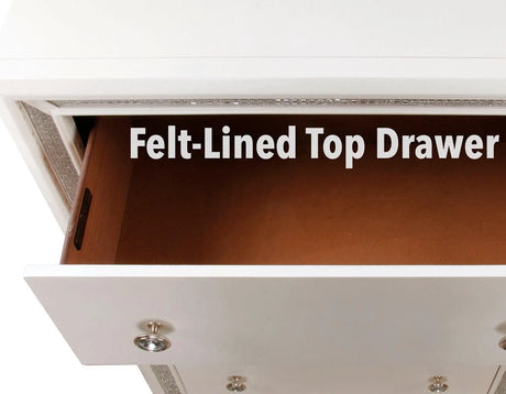 Cassie Illuminating 5-Drawer Chest, Shimmering Pearl Finish by Steve Silver at Eve Furniture