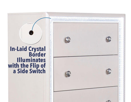 Cassie Illuminating 5-Drawer Chest, Shimmering Pearl Finish by Steve Silver at Eve Furniture